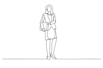 Illustration of cheerful young business woman posing and carrying suitbag. Single line art style