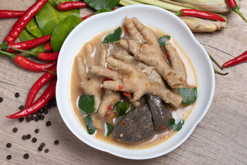 Spicy Stewed Chicken Feet Tom Yum with Fresh Chili, Lemongrass, Kaffir Lime Leaves