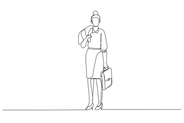 Drawing of pretty mature businesswoman holding jacket and briefcase. Continuous line art