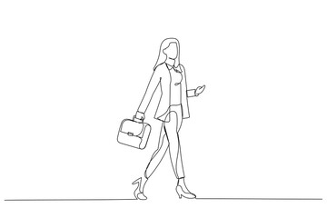 Cartoon of attractive businesswoman walking meeting wear blazer pants high heels. One line style art