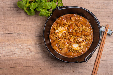 Korean flavor instant noodles with tteokbokki in a pot