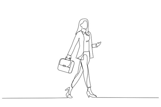 Cartoon of attractive businesswoman walking meeting wear blazer pants high heels. One line style art