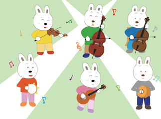 ウサギのコンサート。ウサギが歌を歌ったり楽器を演奏したりしている