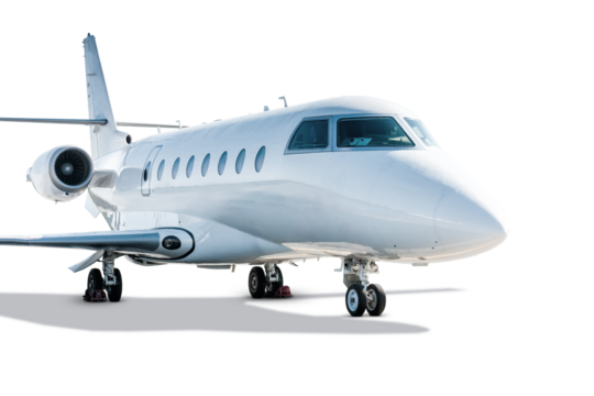 White modern corporate business jet isolated on transparent background