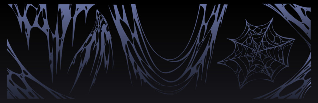 Spider web Halloween set, cobweb, spooky insect net collection design elements for greeting cards. Scary, horror decorative graphics isolated on black background, Cartoon vector illustration, clipart