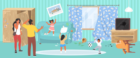 Naughty mischievous children in messy room vector