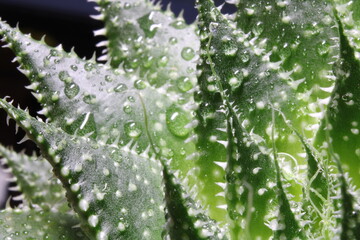 Ein Nahaufnahme Kaktus mit funkelnden Wassertropfen. Die Tropfen reflektieren das Licht und verleihen der Szene eine frische, lebendige Atmosphäre. Perfekt für Naturliebhaber!