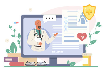 Online doctor on pc screen vector illustration