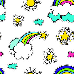 Rainbow with clouds and star, sunshine seamless pattern