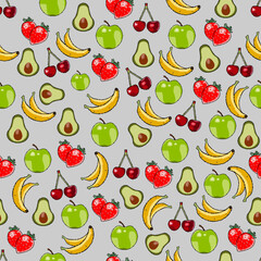pixel pattern of berries and fruits icons for proper nutrition on a gray background