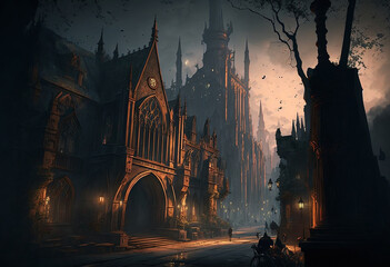 Obraz premium medieval fantasy city, sprawling streets, gothic castle, volumetric lighting, fantasy design, cinematic lighting. Generative AI