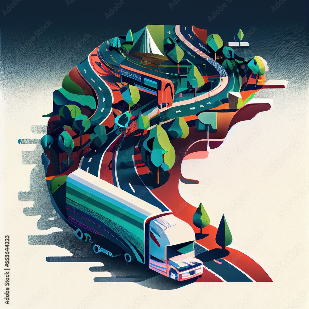 Poster a bus is driving down a road with a mountain in the background and trees on the side of the road. ge