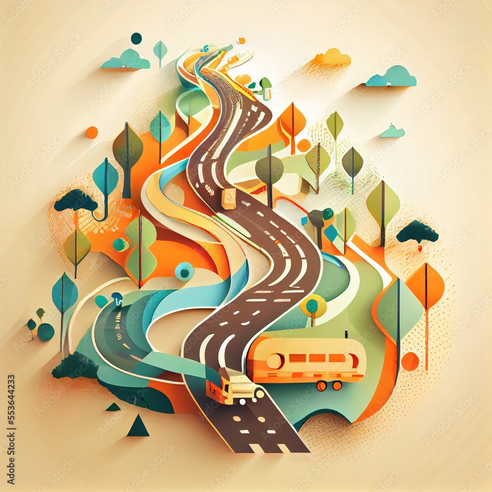 Poster a bus is driving down a winding road in the mountains with trees and clouds on the sides of it. gene