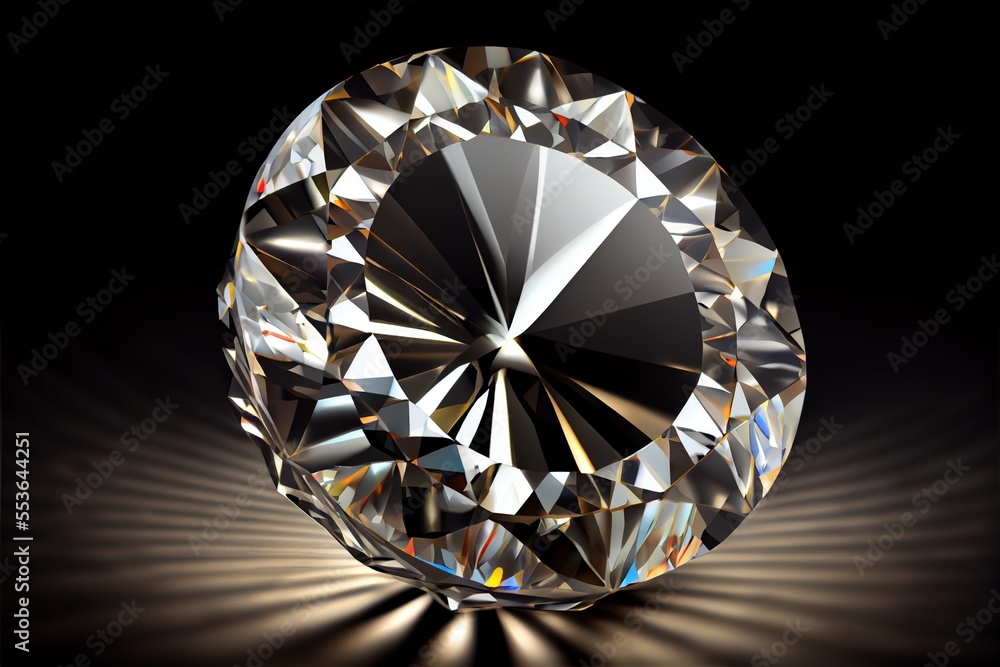 Poster a diamond on a black background with a light shining through it and a shadow on the ground below it.
