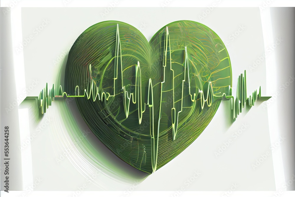 Aufkleber a heart with a heartbeat on it and a green leaf in the middle of it with a white background. generat