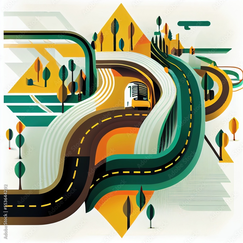 Poster a bus is driving down a winding road with trees and mountains in the background. generative ai