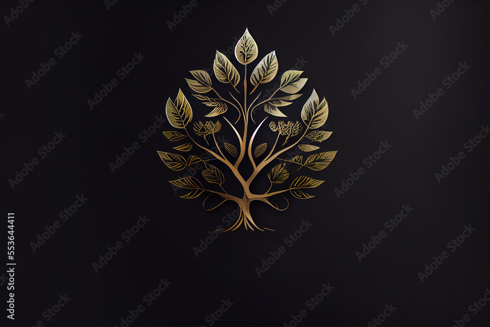 Poster a golden tree with leaves on a black background with a gold border around it and a black background 