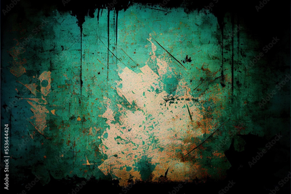 Poster a grungy green and orange background with a leaf on it's side and a black frame. generative ai