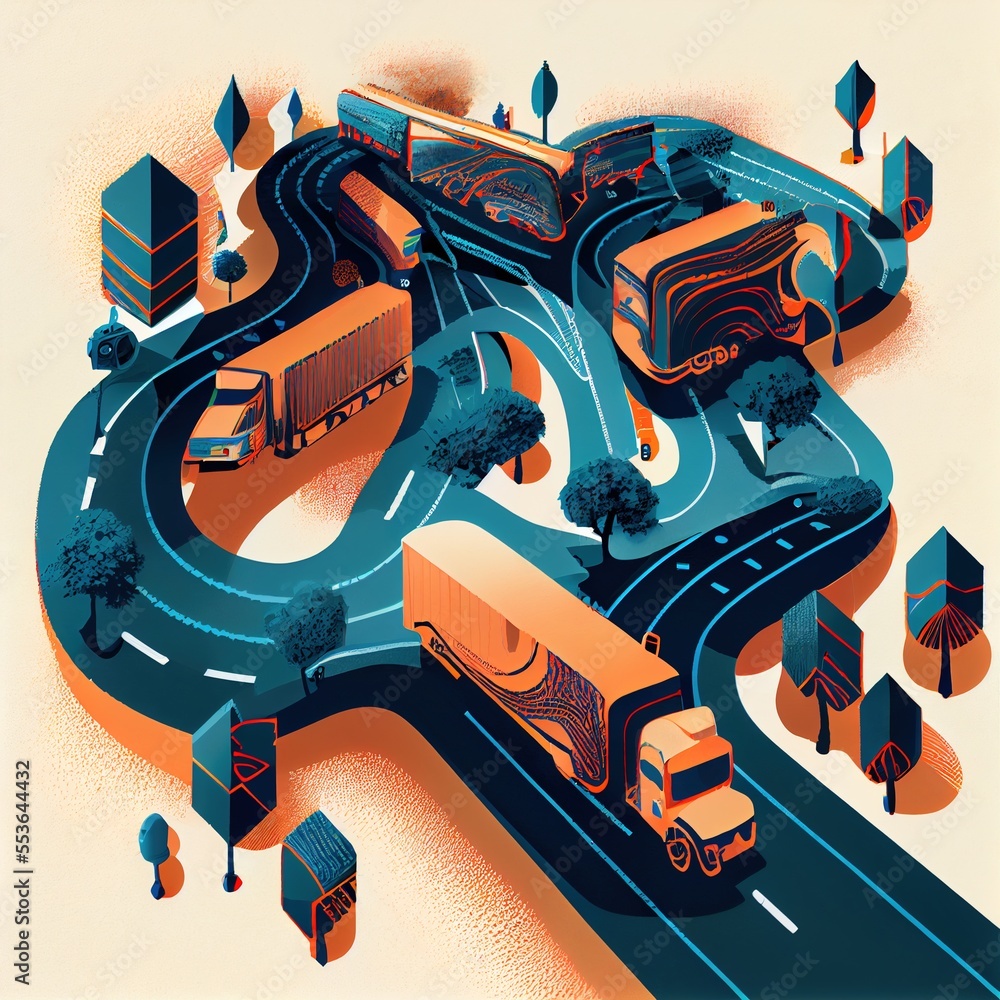 Poster a road with a bunch of trucks on it and a road with trees on it and buildings on the other side. gen
