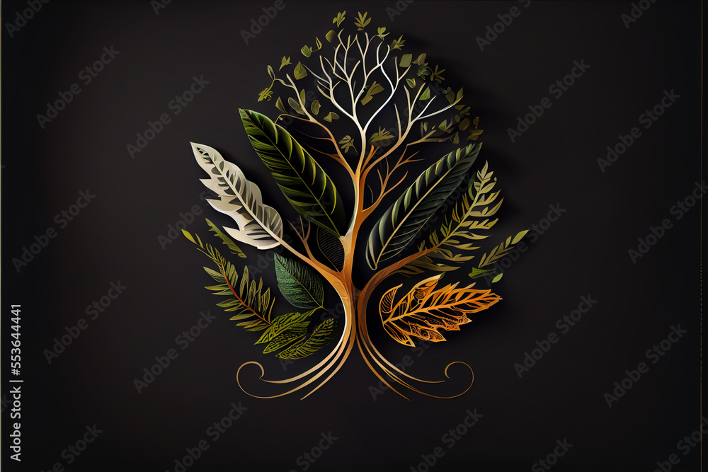 Poster a tree with many leaves on it on a black background with a gold frame around it and a black backgrou