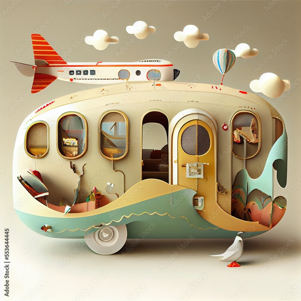 Poster a small bus with a bird standing next to it and a plane flying above it and a person standing on the
