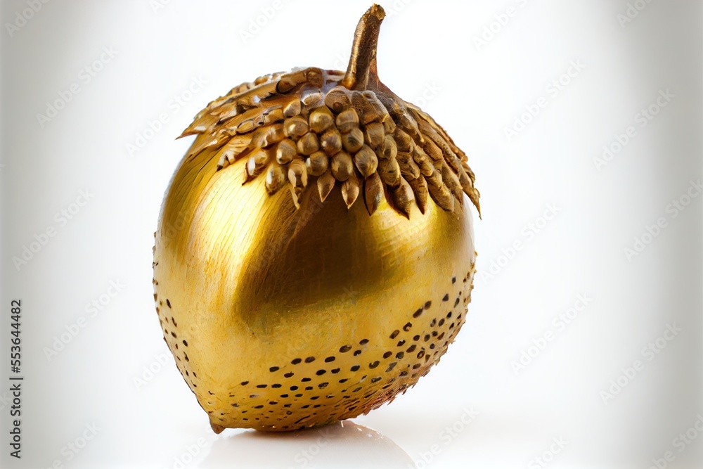 Poster a golden vase with a flower on it's side and a white background behind it. generative ai