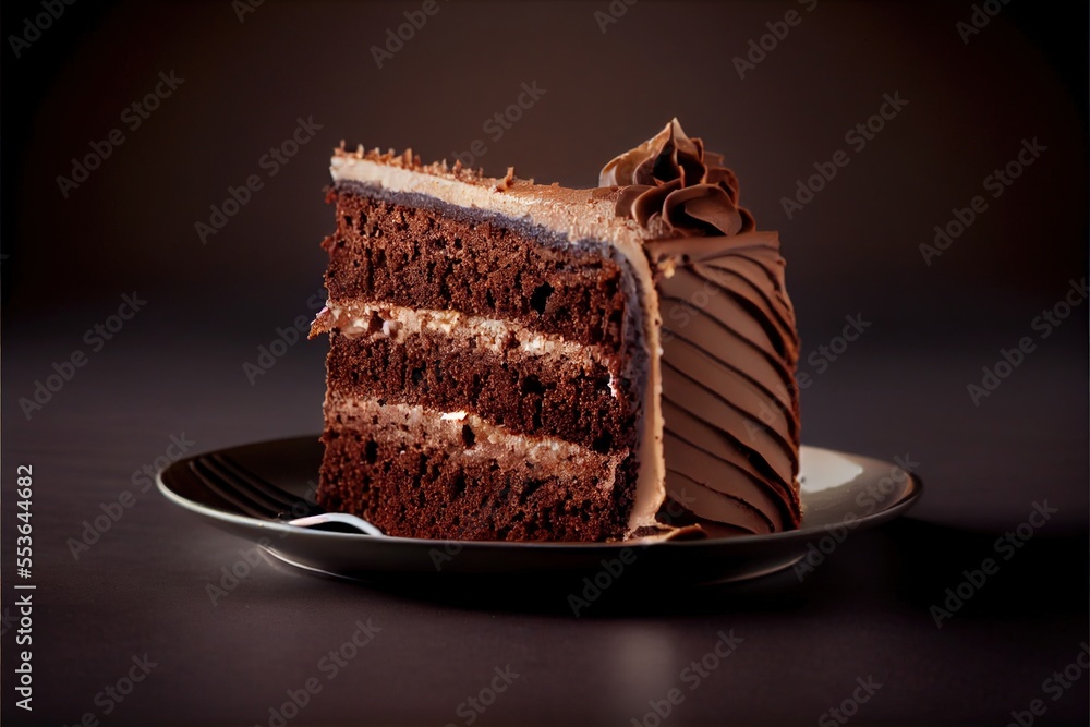 Poster a slice of chocolate cake on a plate with a fork on the side of the plate and a fork in the middle o