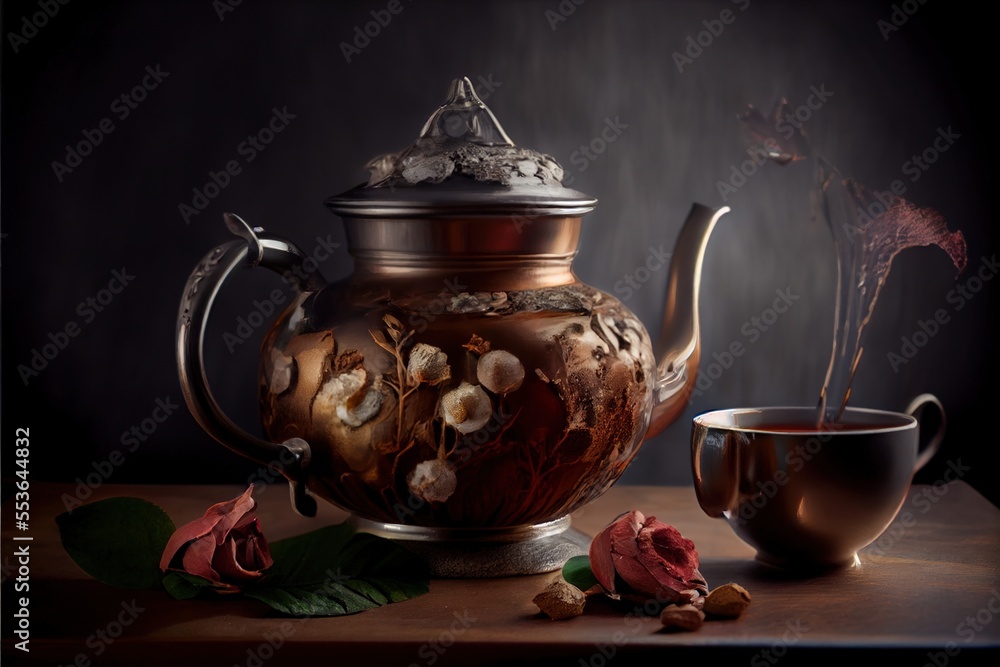 Poster a tea pot and a cup on a table with a flower in it and a flower in the middle. generative ai