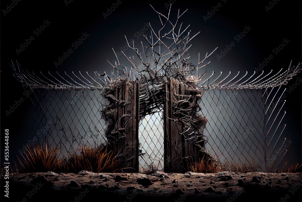 Poster a gate with a barbed wire fence and a light in the background behind it is a large piece of metal. g