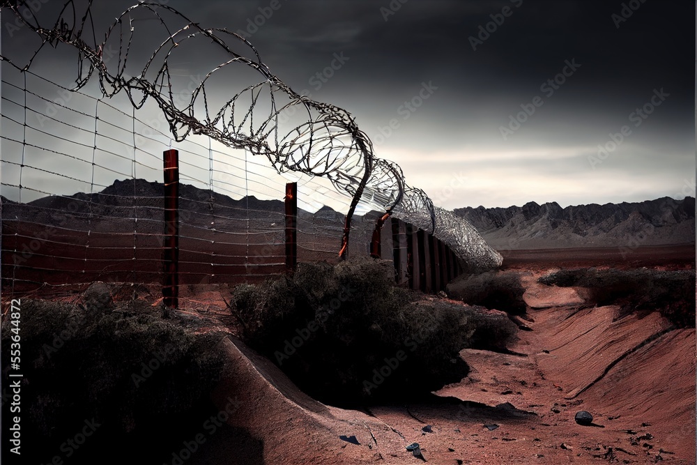 Poster a fence with a barbed wire on top of it in the desert with mountains in the background and a dark sk