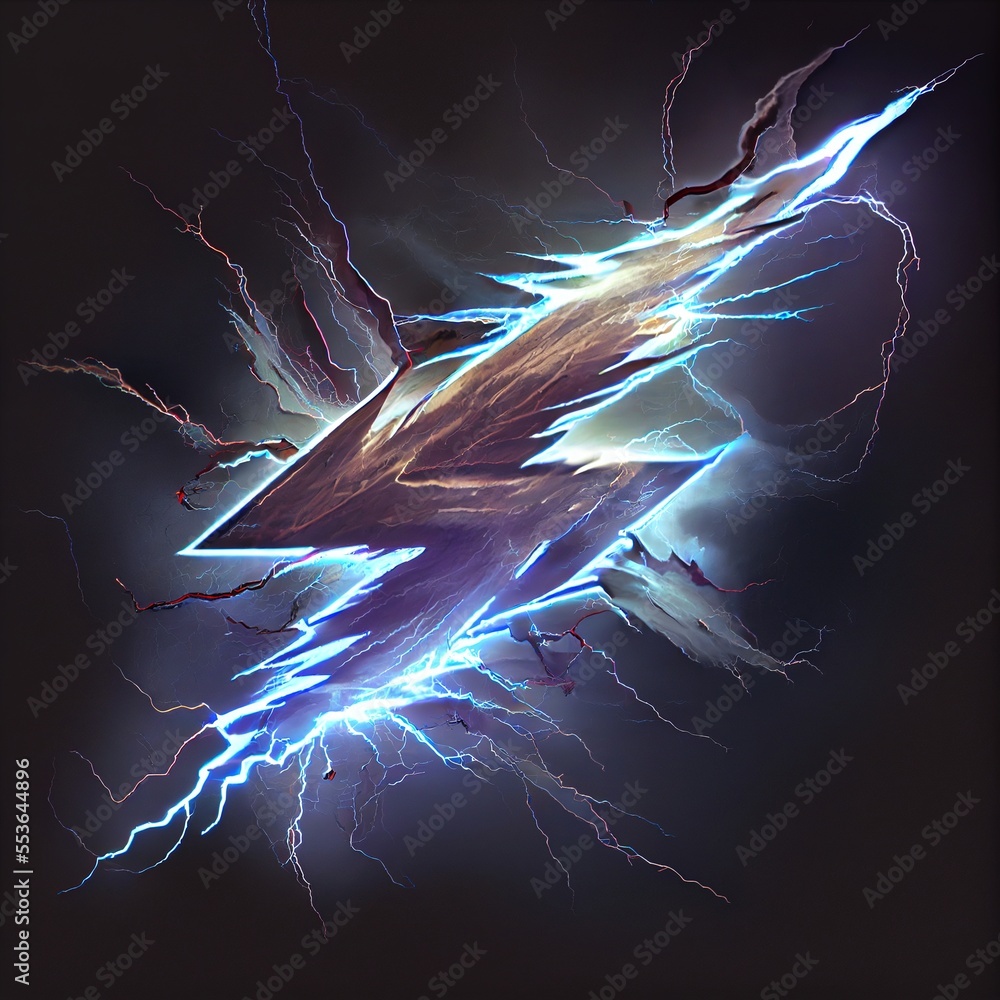 Poster a lightning bolt with a black background and a dark sky in the background with clouds and lightnings