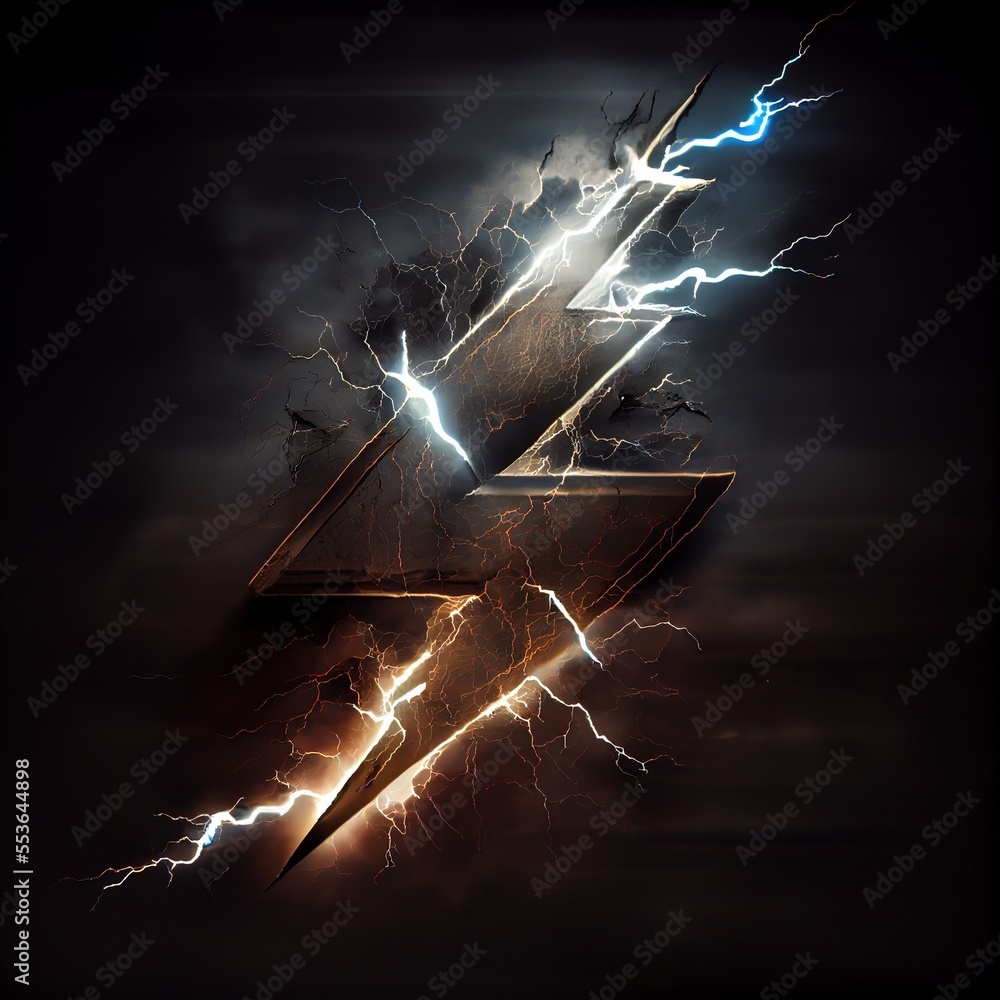Poster a lightning bolt hitting a building in the dark sky with a lightning bolt in the middle of the image