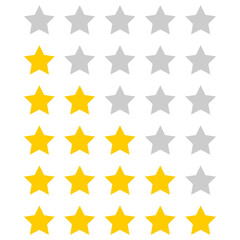 Set yellow 0-5 points rating stars for review icon on white background flat vector design.