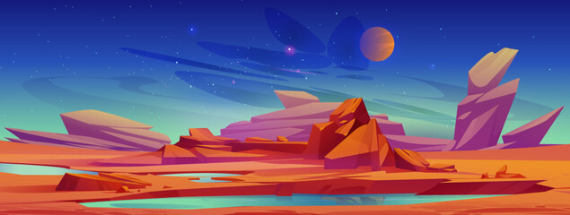 Mars surface, alien planet landscape with water pond, rocks and stars shine on dark night sky. Cartoon game background lake in with red desert. Martian extraterrestrial backdrop, Vector illustration © klyaksun