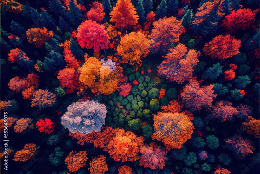 Poster a view of a forest with lots of trees in the middle of it. generative ai