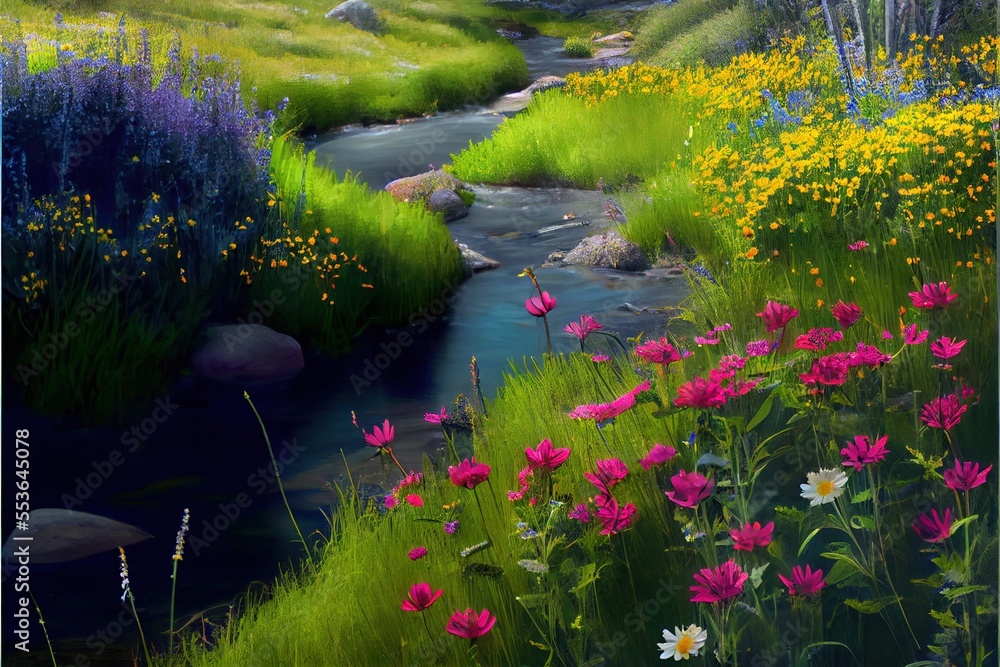 Poster a painting of a stream surrounded by wildflowers and rocks in a meadow with a stream running through