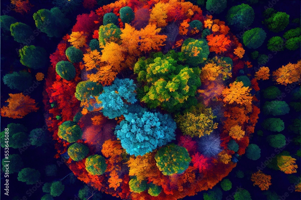 Poster a colorful aerial view of a tree in autumn colors. generative ai
