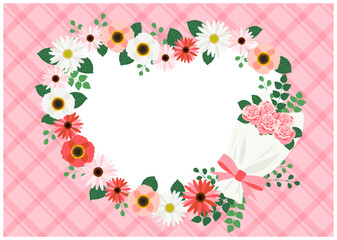 チェック地に花のハート型リースフレームピンクヨコ