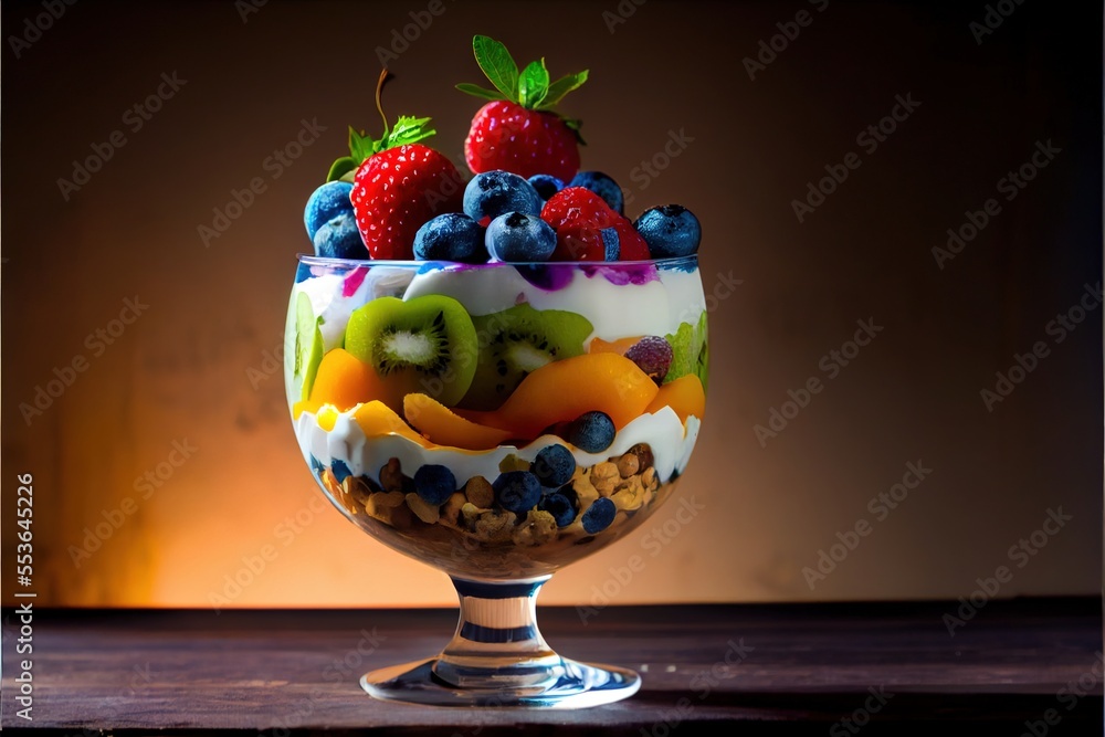 Poster a bowl of fruit is sitting on a table with a light behind it and a lamp behind it that is on a table