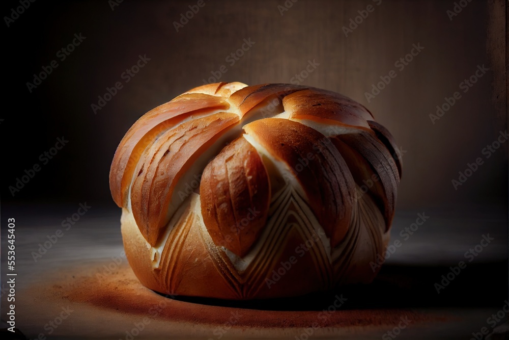 Poster a loaf of bread with a swirly design on it's side. generative ai
