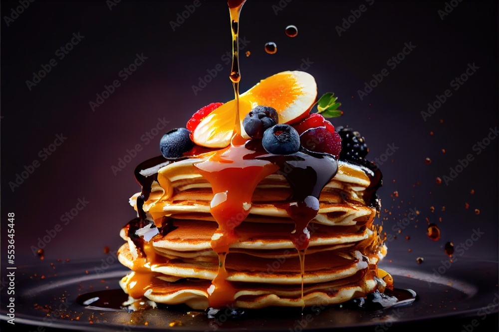 Poster a stack of pancakes with syrup and fruit on top of it on a plate with a spoon and a spoon. generativ