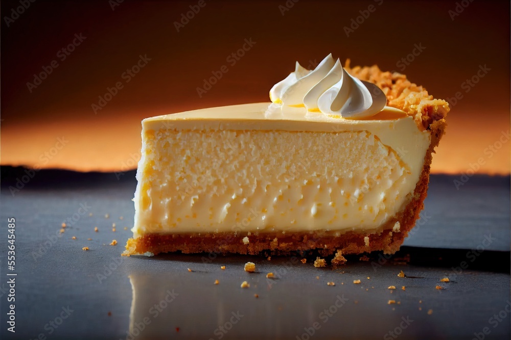 Poster a piece of cheesecake with whipped cream on top of it on a table with a spoon and a fork. generative