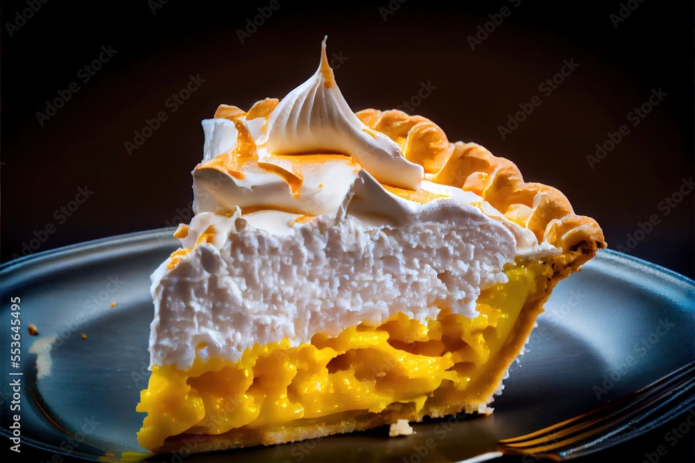 Poster a piece of pie on a plate with a fork and knife on the side of it. generative ai