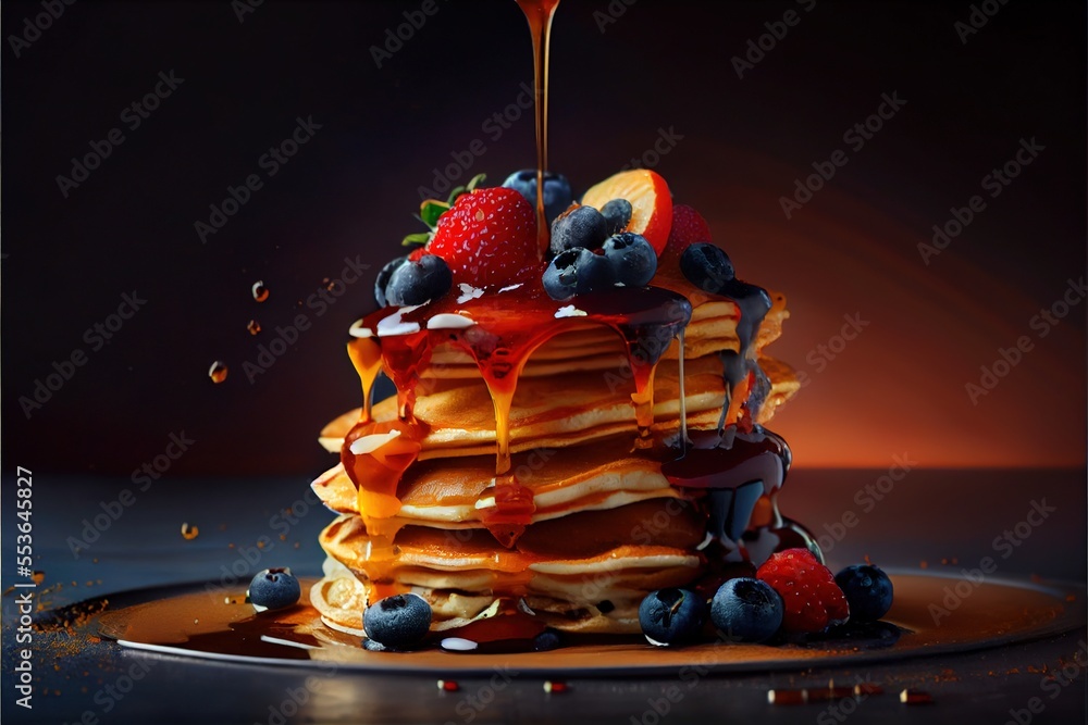 Poster a stack of pancakes with syrup and fruit on top of it. generative ai