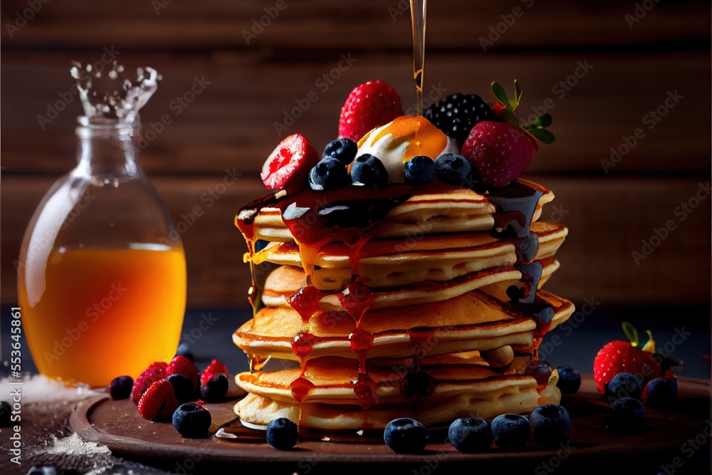 Poster a stack of pancakes with fruit on top of them and syrup in a glass bottle next to it on a plate. gen