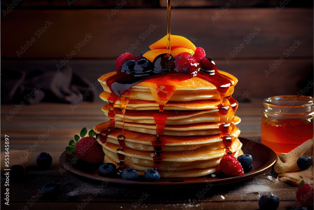 Aufkleber a stack of pancakes with syrup and berries on a plate with honey and syrup on the side of the stack.
