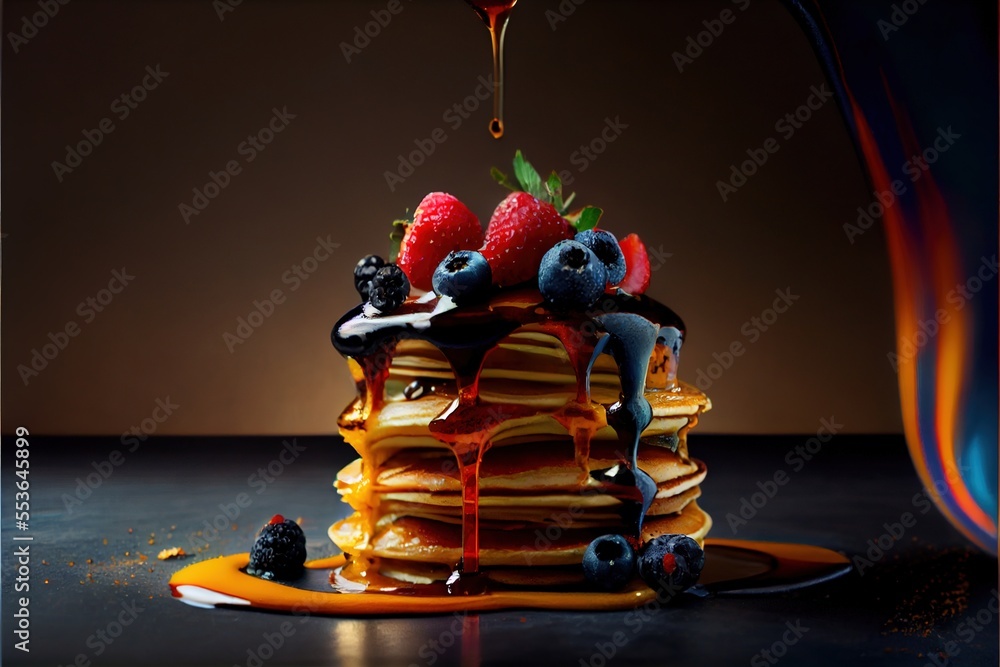 Poster a stack of pancakes with syrup and fruit on top of it. generative ai