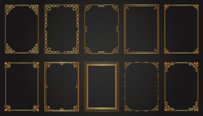 Decorative gold frames. Retro ornamental frame, vintage rectangle ornaments and ornate border. Decorative wedding frames, antique museum image borders. Isolated vector icons set
