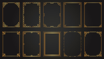 Decorative gold frames. Retro ornamental frame, vintage rectangle ornaments and ornate border. Decorative wedding frames, antique museum image borders. Isolated vector icons set
