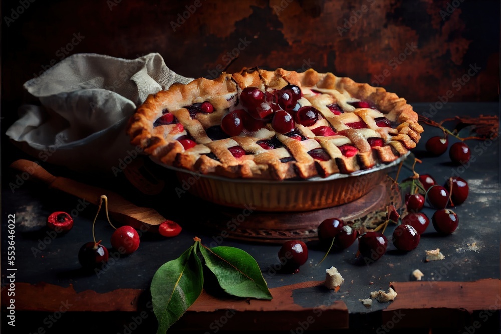 Poster a pie with cherries on a table with a cloth and a cloth on it and a few cherries. generative ai